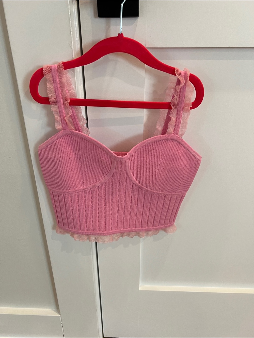 LoveShackFancy Pink Ribbed Bustier Crop